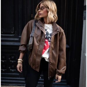 Vintage Brown Leather Bomber Jacket size 42